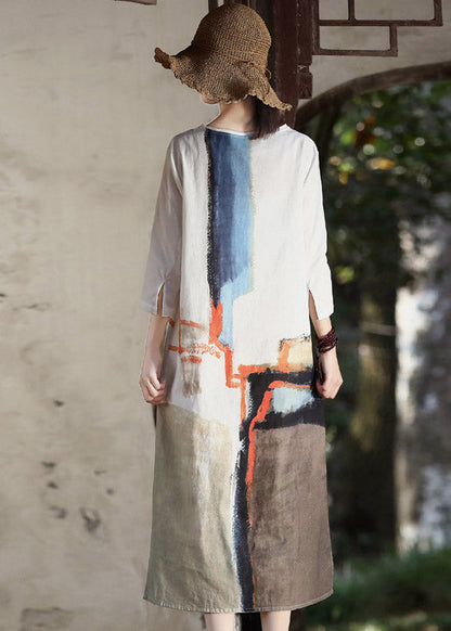 Handmade White O-neck Side Open Tie Dye Cotton Holiday Dress Summer