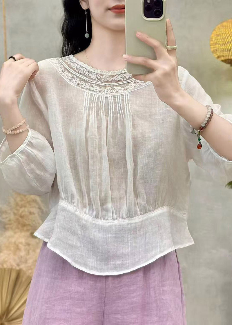 Handmade White O-neck Wrinkled Linen Top Summer