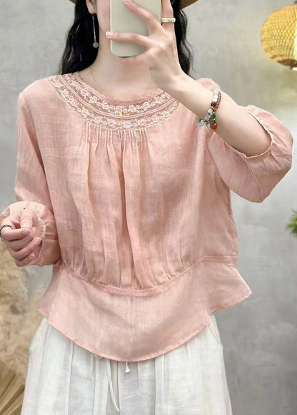 Handmade White O-neck Wrinkled Linen Top Summer
