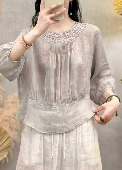 Handmade White O-neck Wrinkled Linen Top Summer