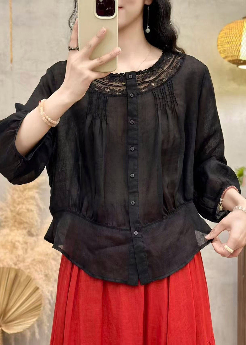 Handmade White O-neck Wrinkled Linen Top Summer