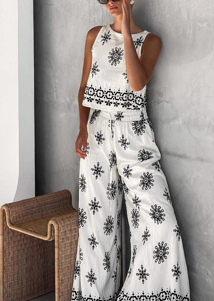 Handmade White Patchwork Vest and Wide Leg Pants Two Pieces Set Sleeveless