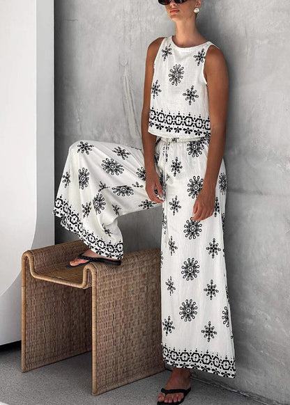 Handmade White Patchwork Vest and Wide Leg Pants Two Pieces Set Sleeveless