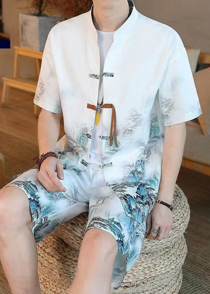 Handmade White Print Button Shirt and Shorts Two Pieces Set Summer