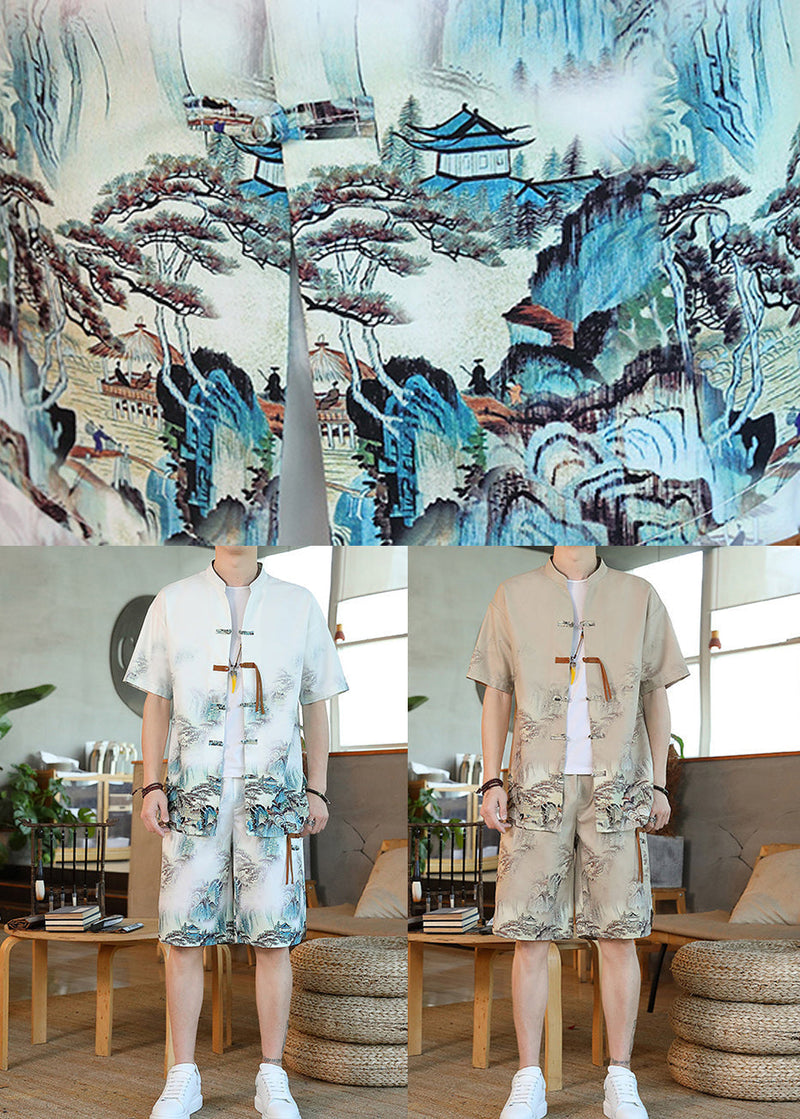 Handmade White Print Button Shirt and Shorts Two Pieces Set Summer