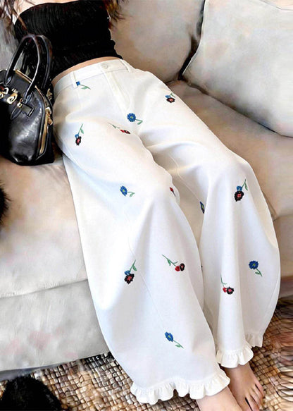 Handmade White Ruffled Patchwork Wide Leg Pants
