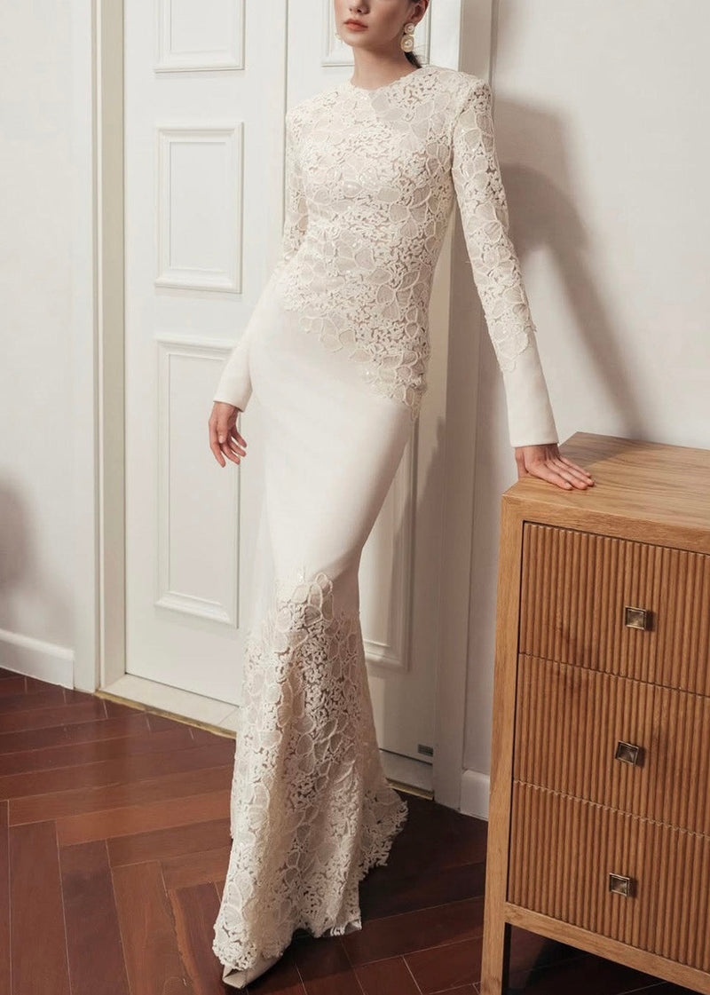 Handmade White Sequins Patchwork Cotton Party Dress Fall