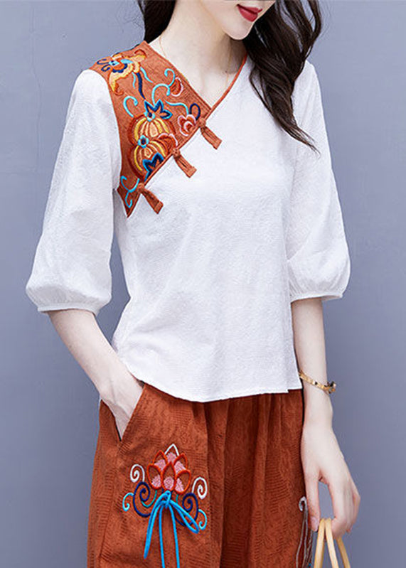 Handmade White V Neck Embroideried Button Top Half Sleeve