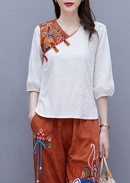 Handmade White V Neck Embroideried Button Top Half Sleeve
