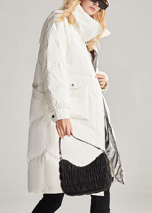 Handmade White Hooded Removable Stand Collar Winter Duck Down Coat