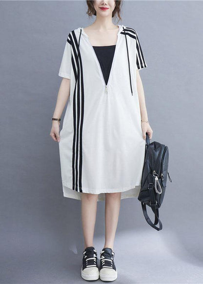 Handmade White Hooded Zippered Cotton Summer Mid Dress