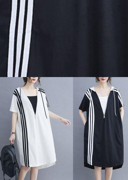 Handmade White Hooded Zippered Cotton Summer Mid Dress
