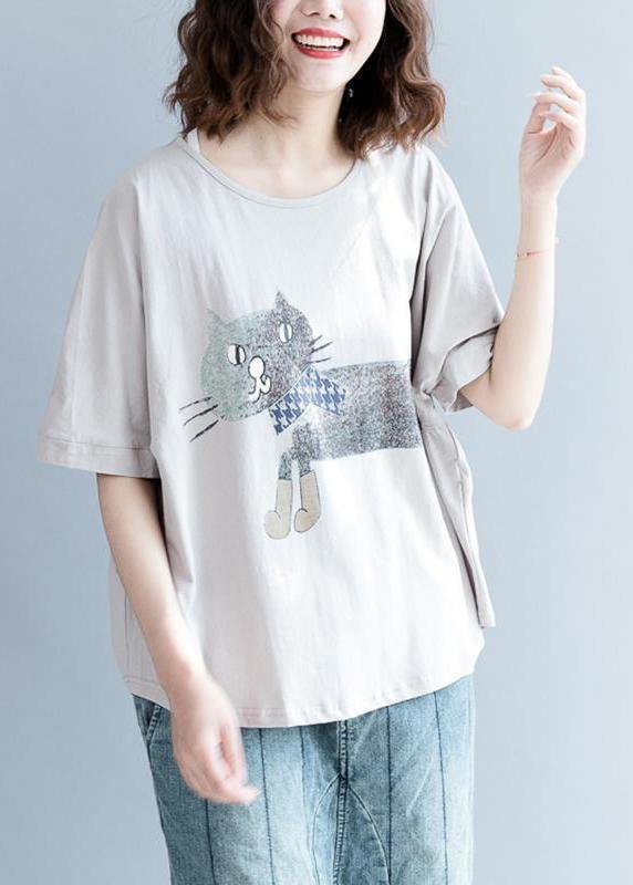 Handmade Gray Short Sleeve Cotton Shirts Animal Round Neck Blouse