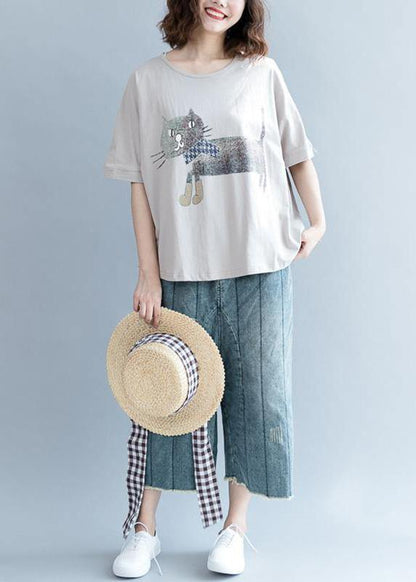 Handmade Gray Short Sleeve Cotton Shirts Animal Round Neck Blouse
