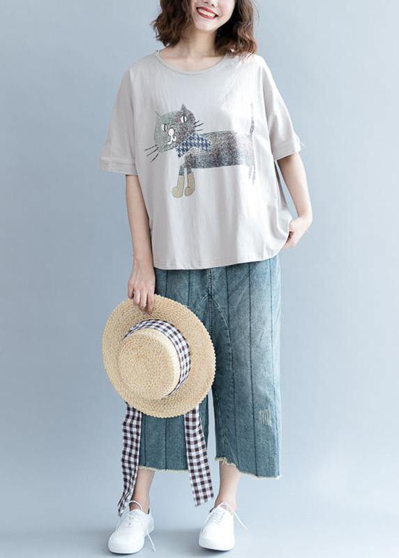 Handmade Gray Short Sleeve Cotton Shirts Animal Round Neck Blouse
