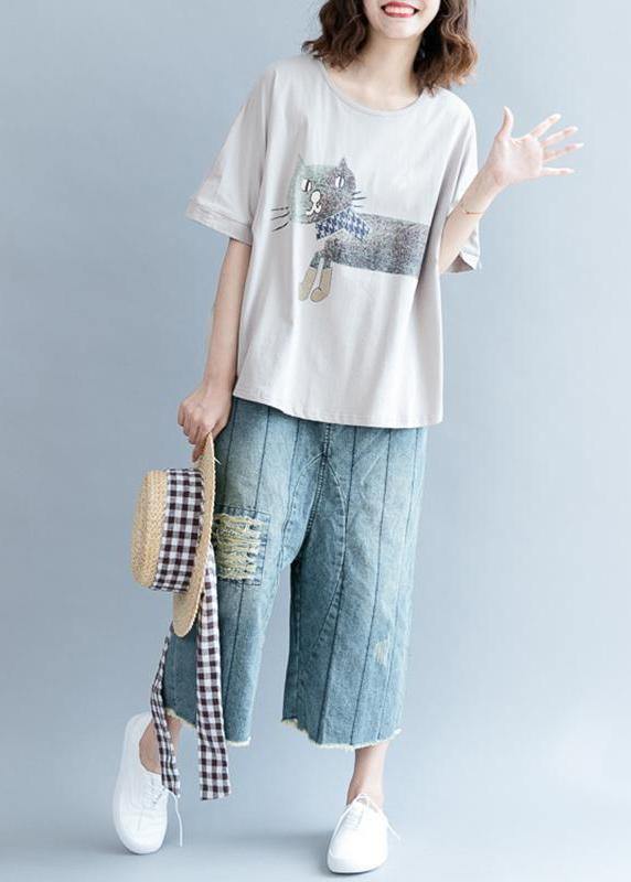 Handmade Gray Short Sleeve Cotton Shirts Animal Round Neck Blouse