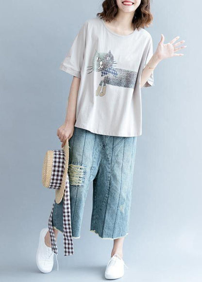 Handmade Gray Short Sleeve Cotton Shirts Animal Round Neck Blouse