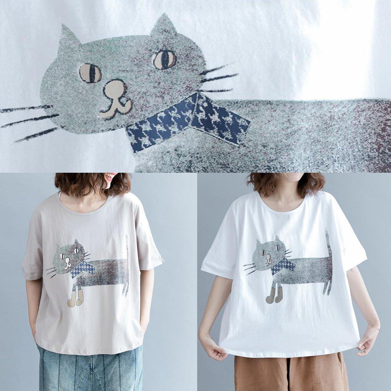 Handmade Gray Short Sleeve Cotton Shirts Animal Round Neck Blouse