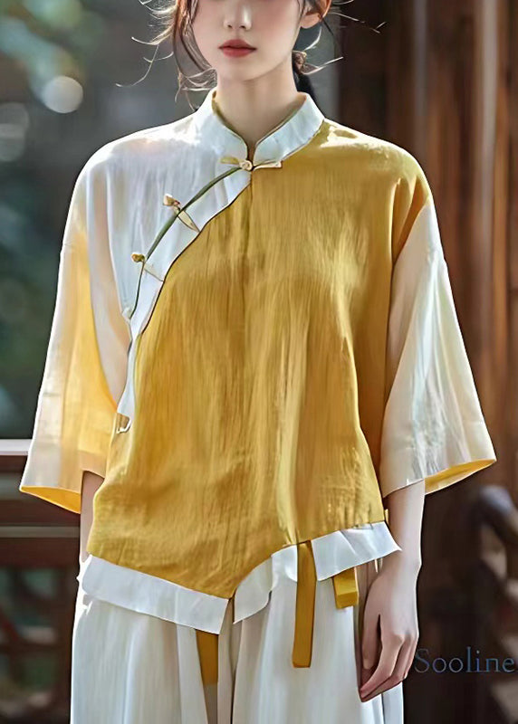 Handmade Yellow Asymmetrical Patchwork Linen Oriental Top Summer