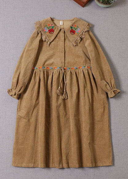 Handmade Yellow Embroideried Drawstring Corduroy Maxi Dress Winter
