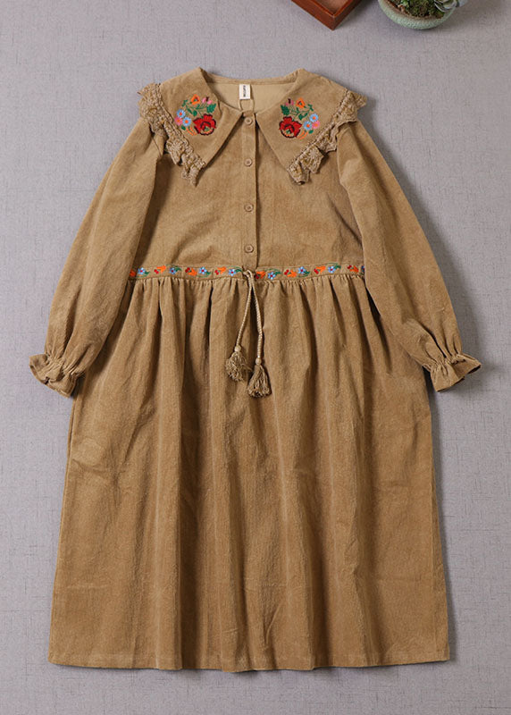 Handmade Yellow Embroideried Drawstring Corduroy Maxi Dress Winter