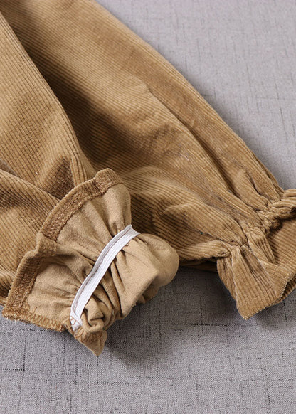 Handmade Yellow Embroideried Drawstring Corduroy Maxi Dress Winter