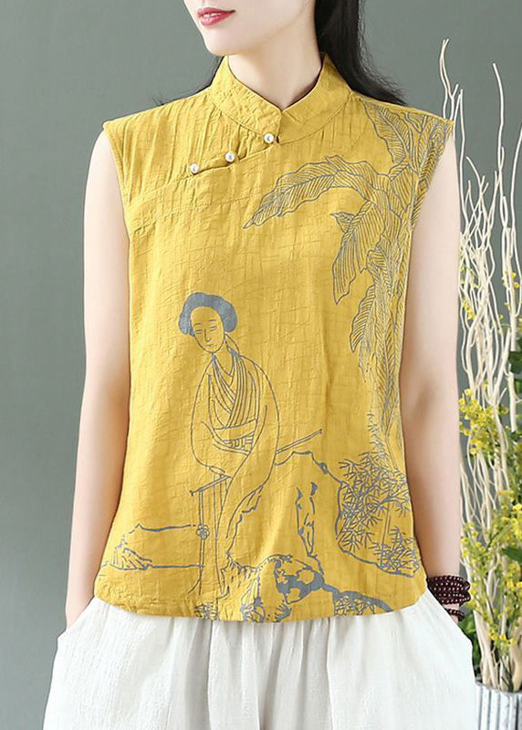 Handmade Yellow Mandarin Collar Linen Blouses Top Sleeveless