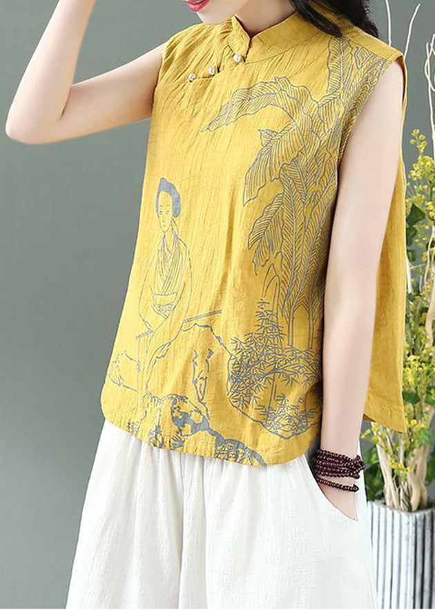 Handmade Yellow Mandarin Collar Linen Blouses Top Sleeveless