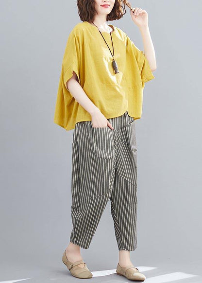 Handmade Yellow O-neck Two-piece Set Summer Cotton Linen