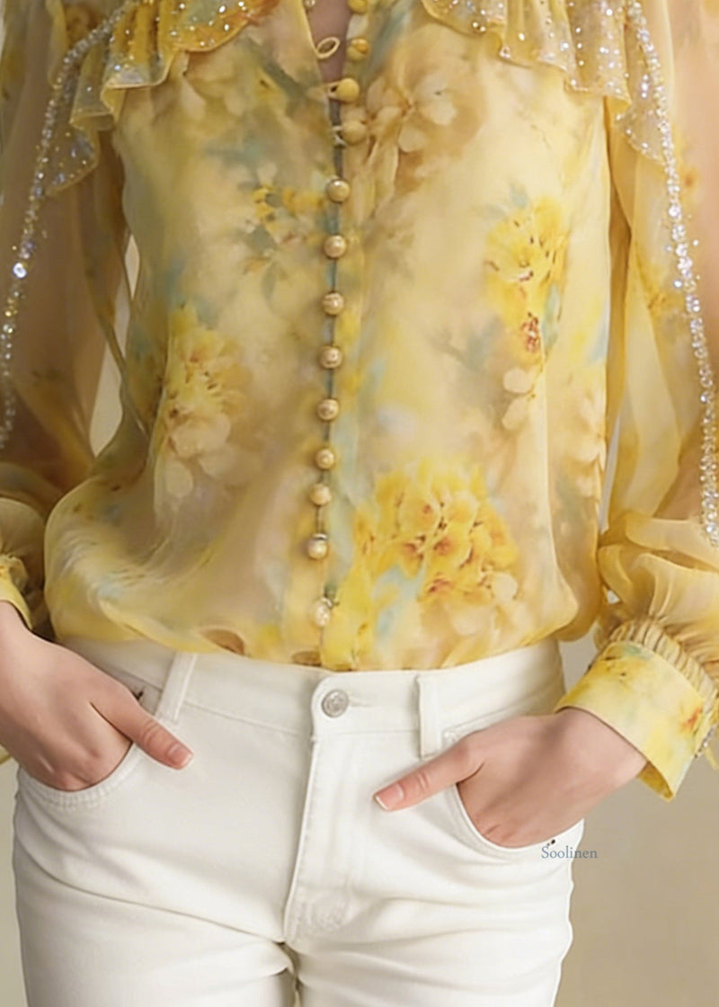 Handmade Yellow Ruffled Zircon Chiffon Button Shirt Spring