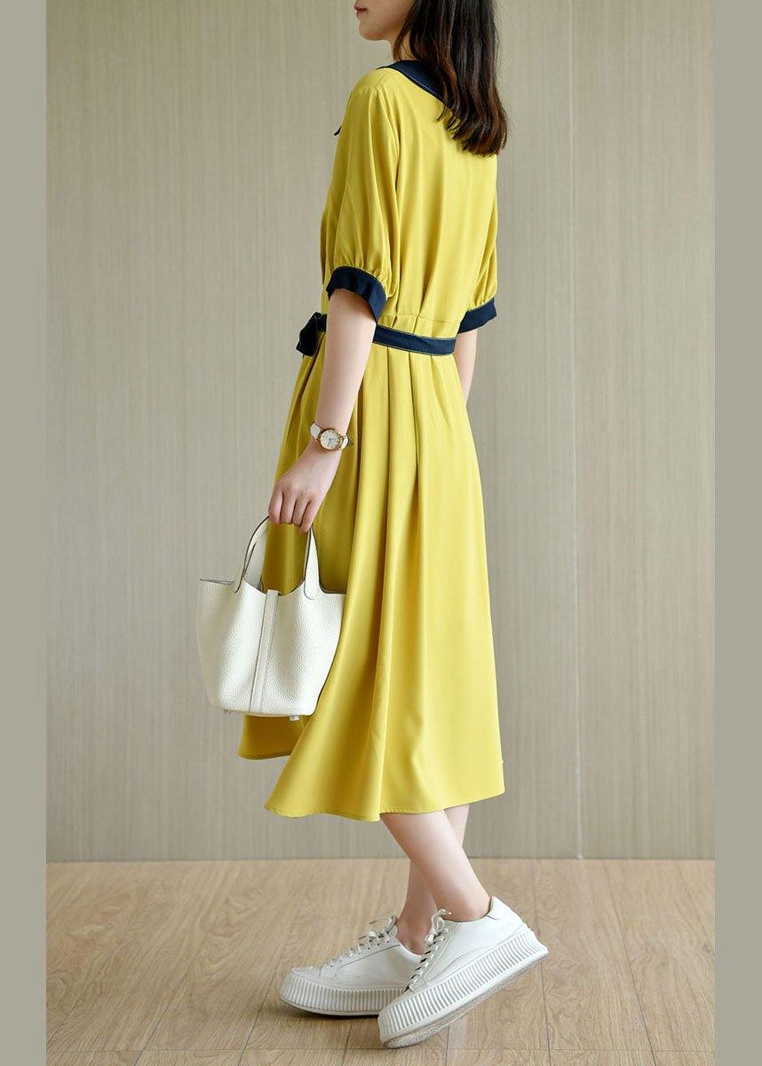 Handmade Yellow Square Collar Button Summer Chiffon Dresses Half Sleeve