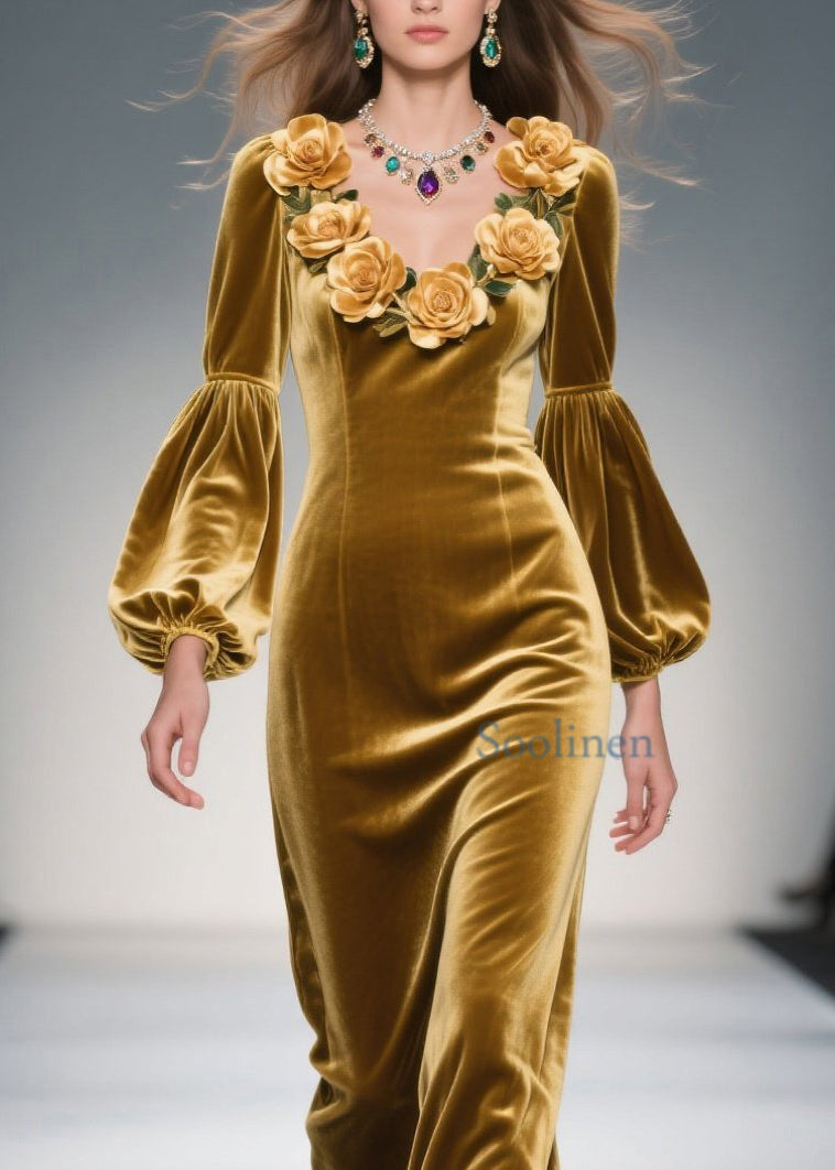 Handmade Yellow V Neck Velvet Long Dresses Spring