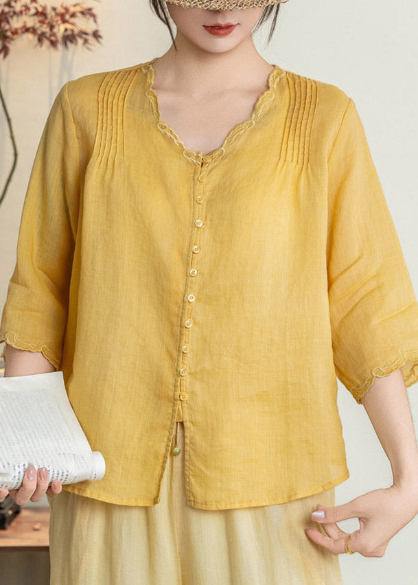 Handmade Yellow V Neck Patchwork Button Linen T Shirts Fall