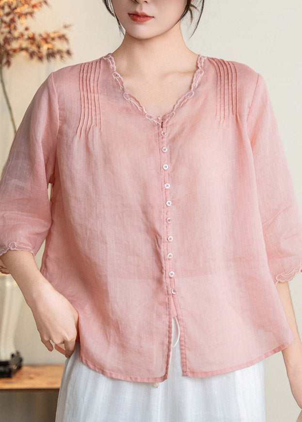 Handmade Yellow V Neck Patchwork Button Linen T Shirts Fall