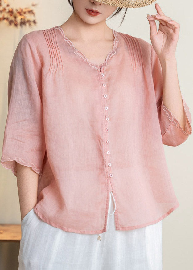 Handmade Yellow V Neck Patchwork Button Linen T Shirts Fall