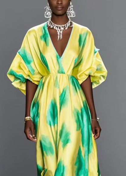 Handmade Yellow V Neck Print Silk Holiday Dress Batwing Sleeve