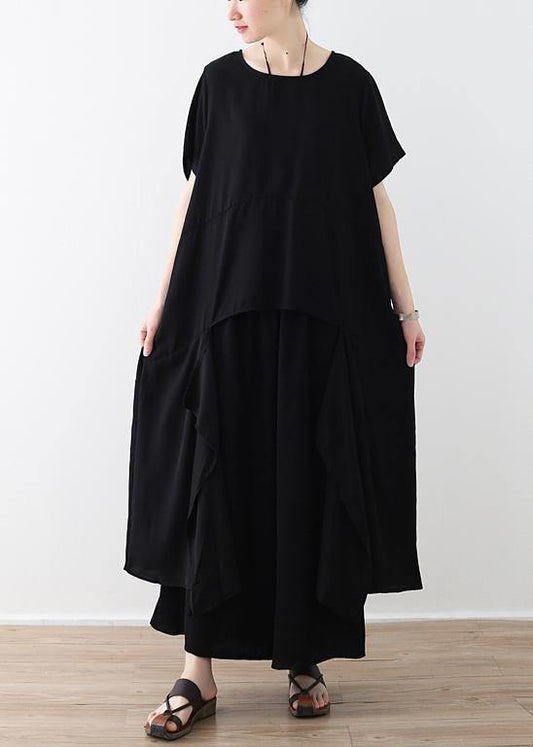 Handmade Asymmetric Tops and Wide Leg Pants Cotton 18th Century Design Black Loose Summer