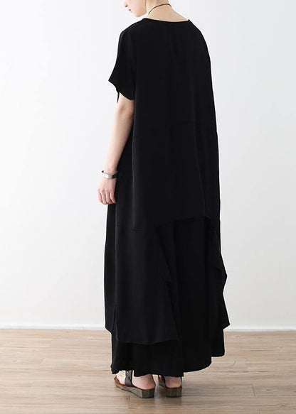 Handmade Asymmetric Tops and Wide Leg Pants Cotton 18th Century Design Black Loose Summer