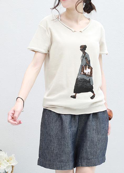 Handmade Beige V Neck Cotton Clothes for Tunic Cartoon Print Shirt