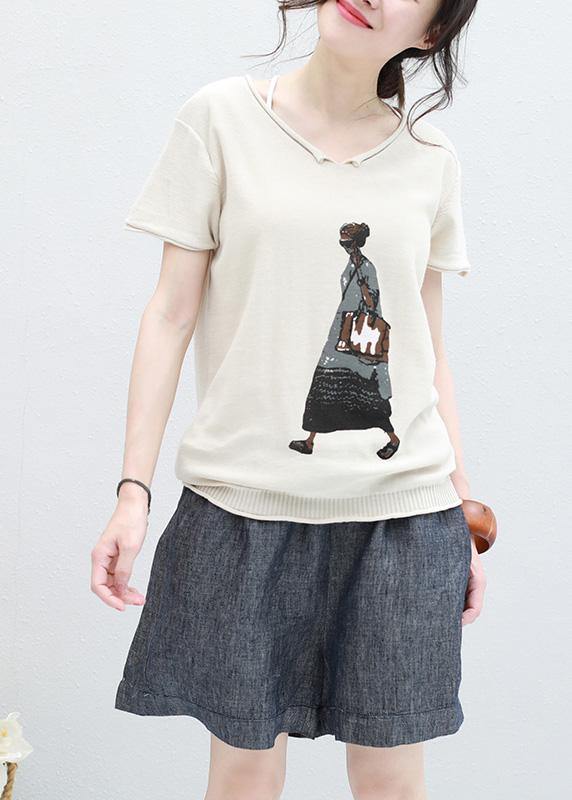Handmade Beige V Neck Cotton Clothes for Tunic Cartoon Print Shirt
