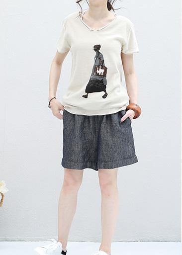 Handmade Beige V Neck Cotton Clothes for Tunic Cartoon Print Shirt