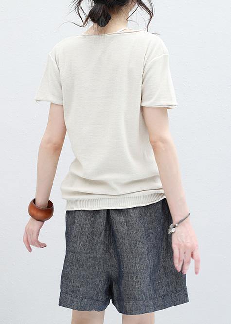 Handmade Beige V Neck Cotton Clothes for Tunic Cartoon Print Shirt