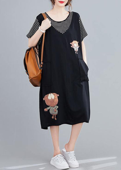 Handmade Black Cartoon Cotton Tunics for False Two Pieces Art Summer Dresses