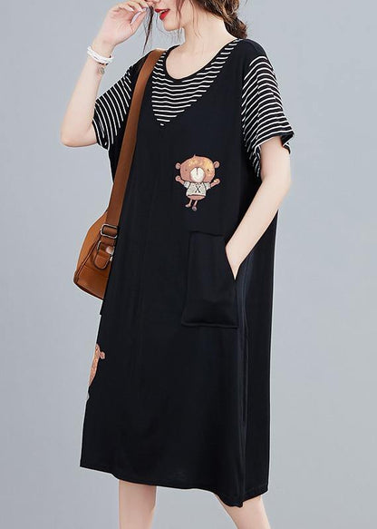 Handmade Black Cartoon Cotton Tunics for False Two Pieces Art Summer Dresses
