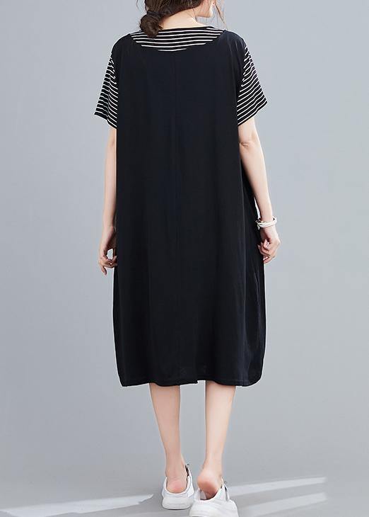 Handmade Black Cartoon Cotton Tunics for False Two Pieces Art Summer Dresses
