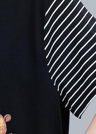 Handmade Black Cartoon Cotton Tunics for False Two Pieces Art Summer Dresses