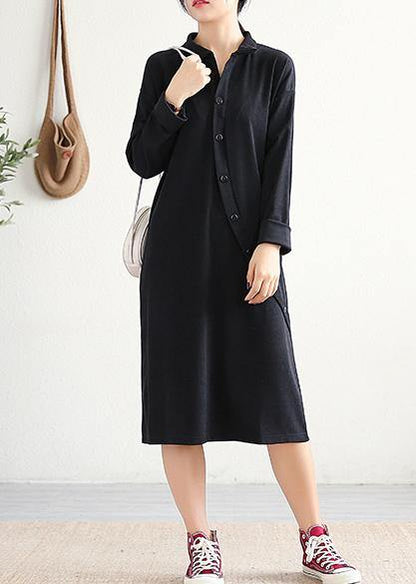 Handmade Black Cotton Tunics Lapel Asymmetric Midi Dress