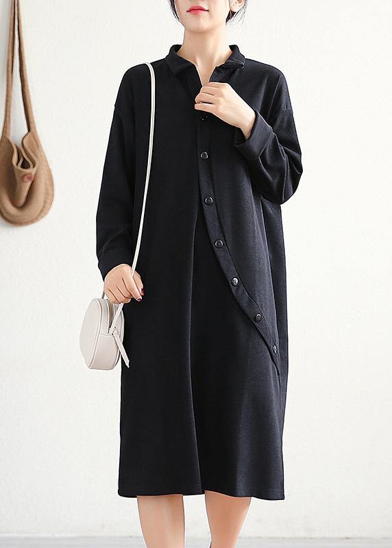 Handmade Black Cotton Tunics Lapel Asymmetric Midi Dress