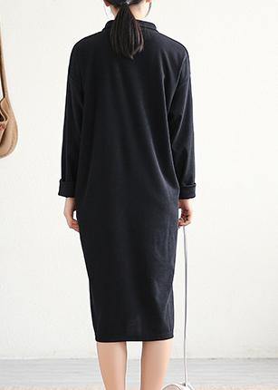Handmade Black Cotton Tunics Lapel Asymmetric Midi Dress