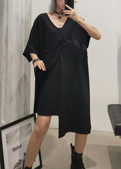 Handmade Black Cotton Clothes V Neck Sequined Tunic Summer Dress